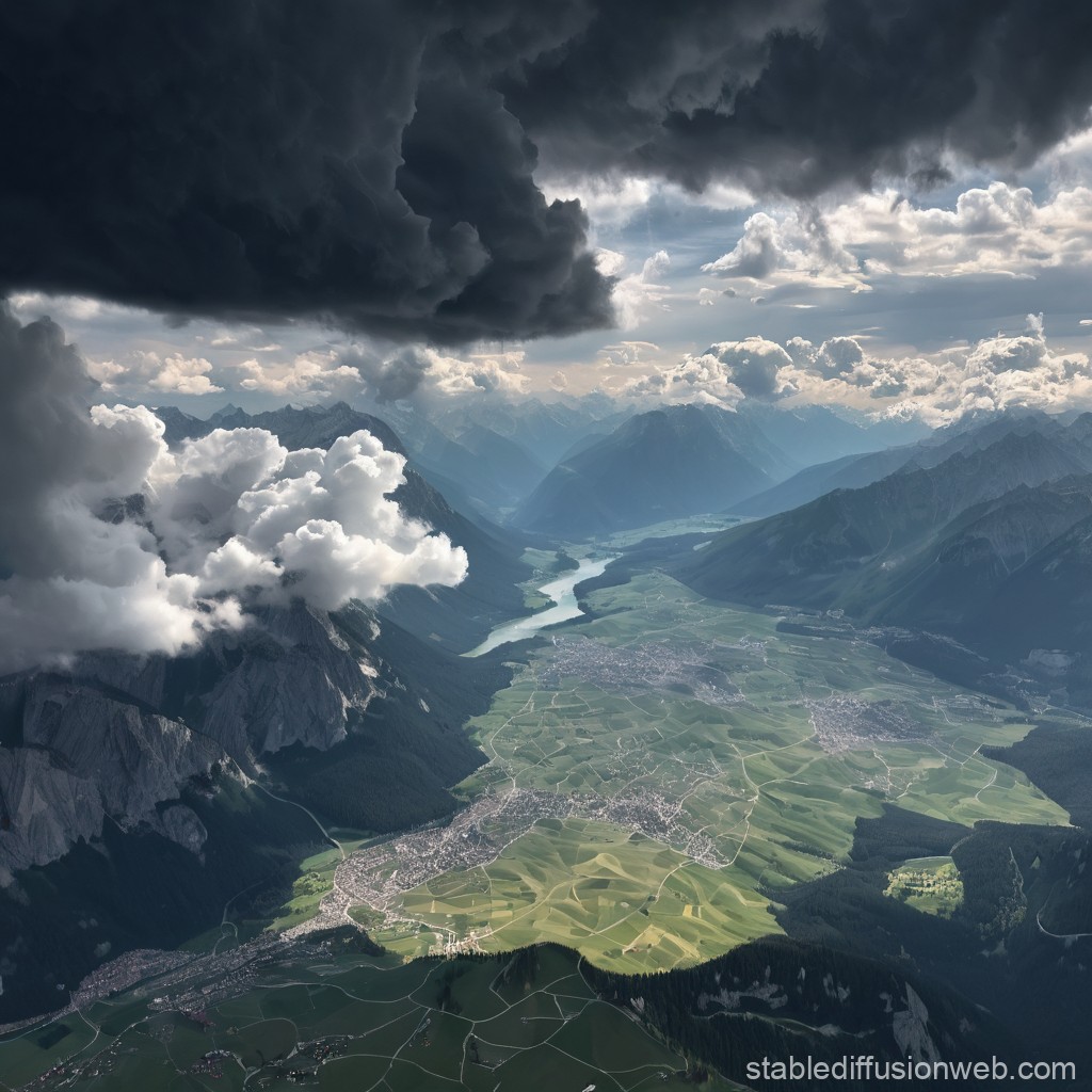 Eine grüne Landschaft, über die dunkle Wolken ziehen