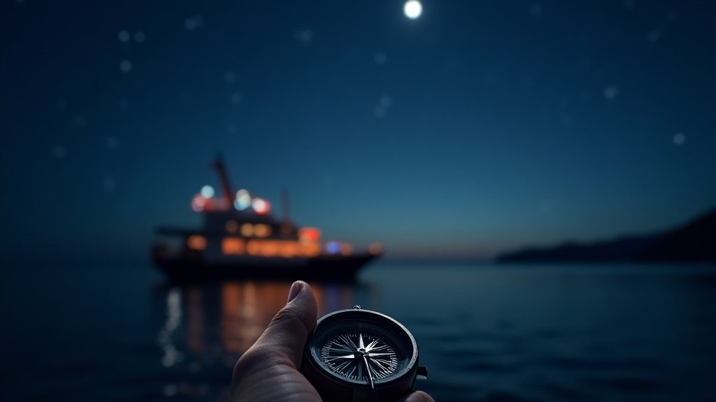 Eine Hand mit einem Kompass auf einem Boot nachts am Meer. Navigieren nach Sternen - Vision, Mission, Werte
