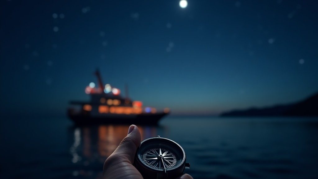 Eine Hand mit einem Kompass auf einem Boot nachts am Meer. Navigieren nach Sternen - Vision, Mission, Werte