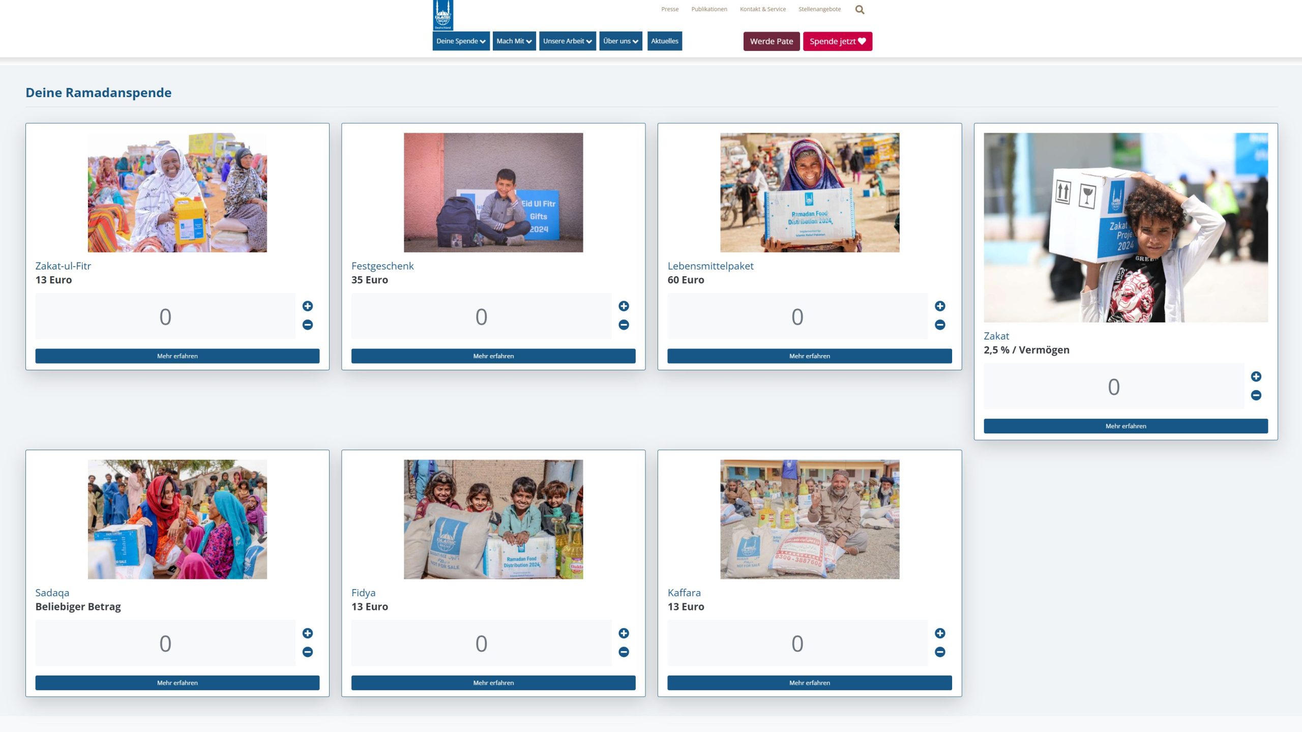 Screenshot des Charity Shops auf der Website von Islamic Relief