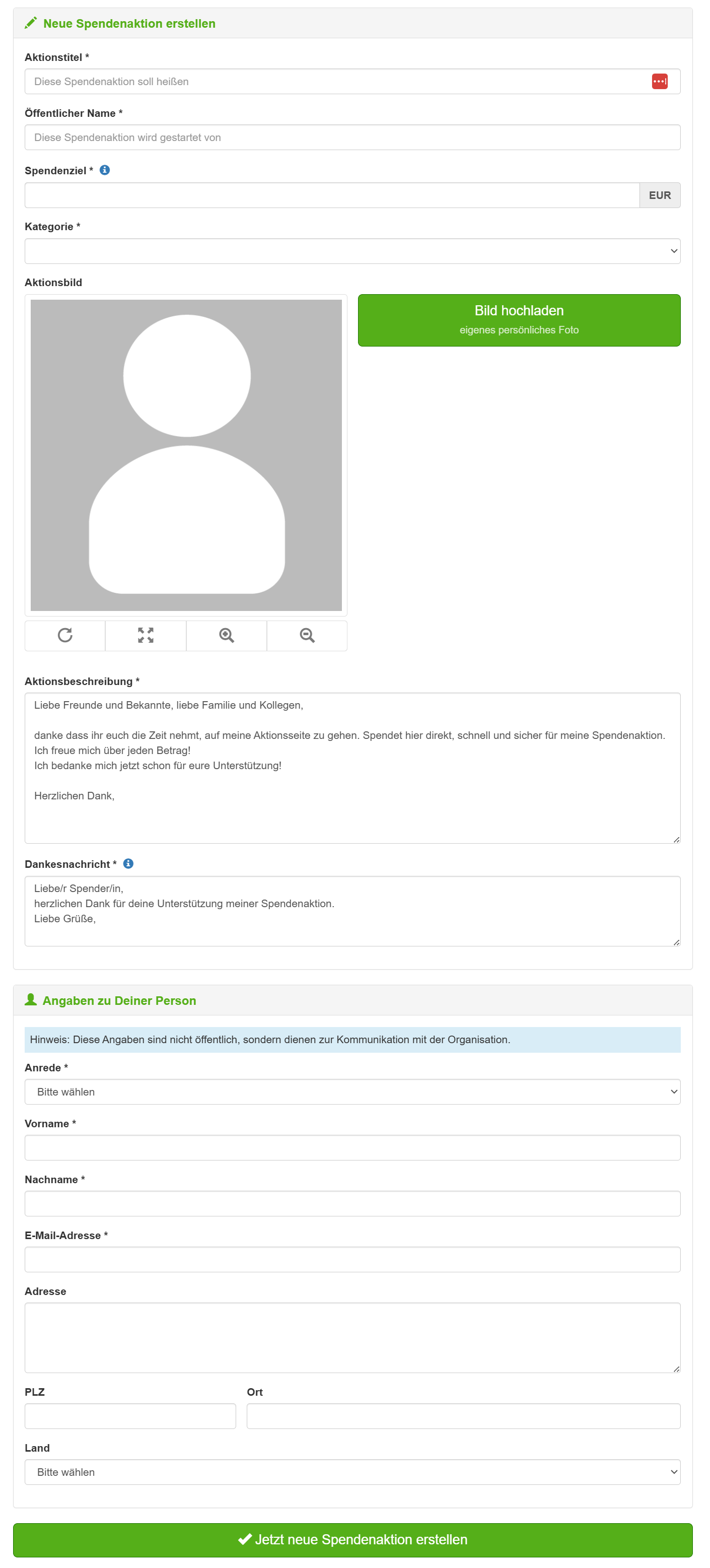 Spendenaktion starten Eingabe