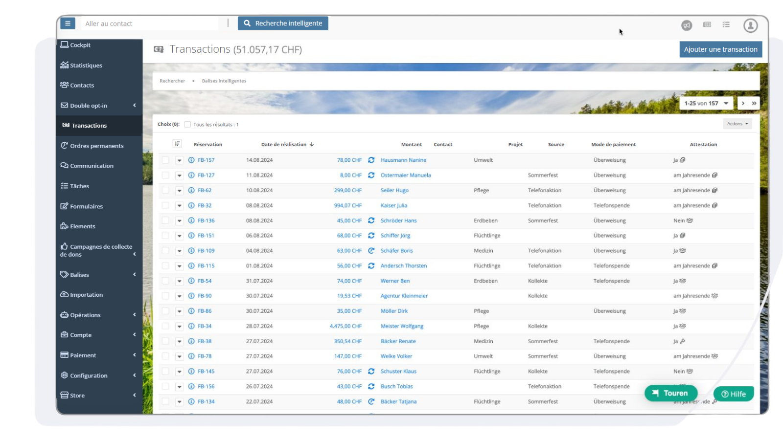 Aperçu de toutes les transactions dans la FundraisingBox