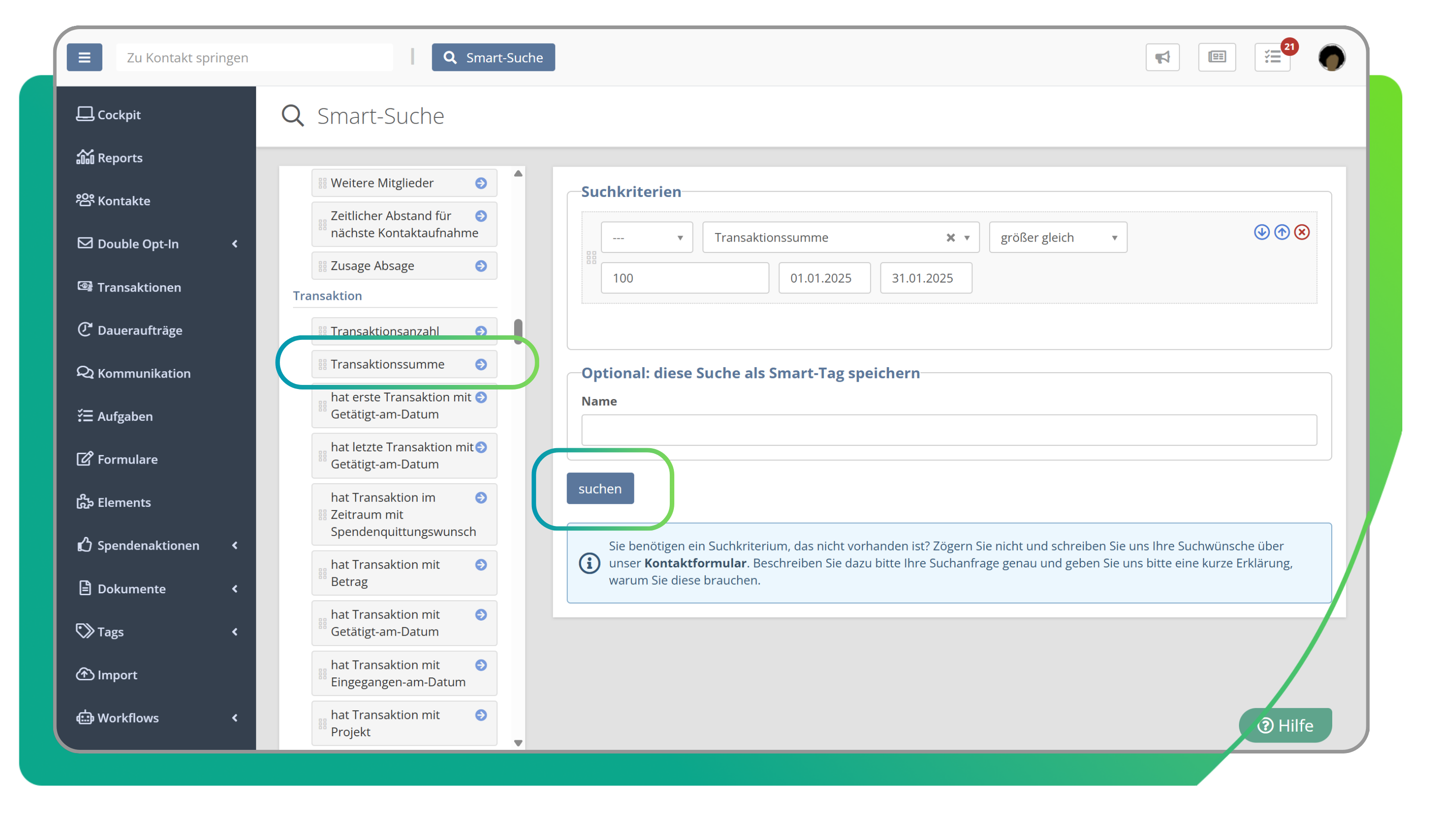 Smart Suche Suchkriterien